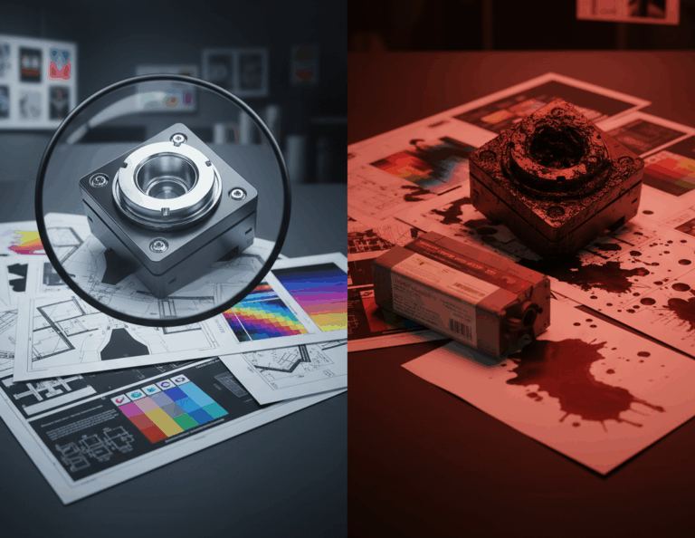 cabeça de impressão limpa e funcional. Do outro, uma cabeça de impressão danificada