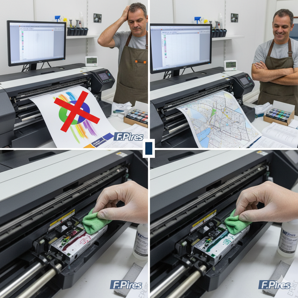 homem imprimindo com plotter e limpando impressora